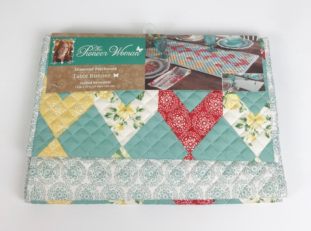 Pioneer Woman Diamond Patchwork Quilted Reversible Table Runner 14 x 72